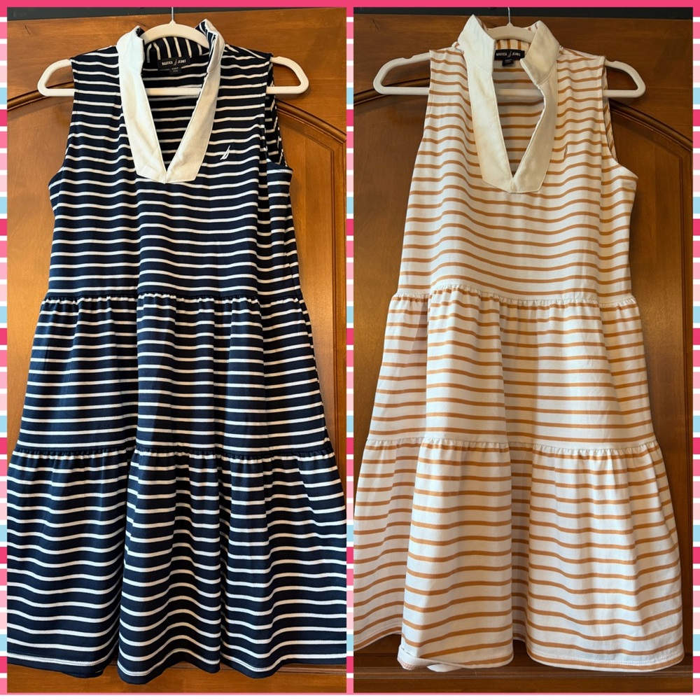 Nautica Navy & White + Beige & Cream Striped Sleeveless Tiered Dresses